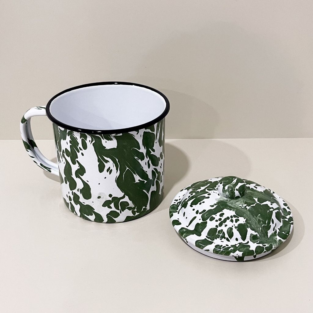 GELAS ENAMEL LURIK 10CM + TUTUP/MUG JADUL MOTIF LURIK/MUG KOPI/ CANGKIR TEH DAN KOPI +TUTUP