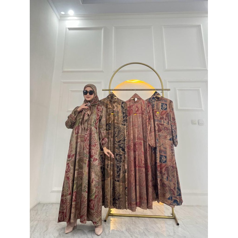 Gamis Armany brown digital motif BATIK RANDOM MAYUNG set hijab