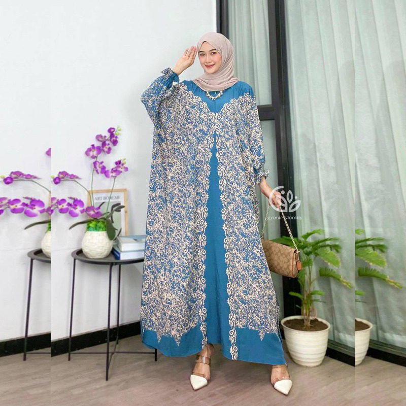Kaftan Wanita - Daunda Kaftan Size Jumbo XXXXL Motif Daun Lengan Panjang Busui Resleting by Nadira_Fashion / Gamis Rayon Jumbo Kaftan Terbaru-Safa blue