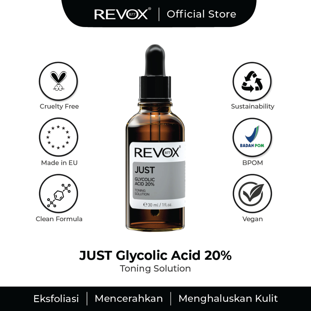 REVOX B77 JUST Glycolic Acid 20% 30ml | Serum Eksfoliasi Meratakan Warna Kulit