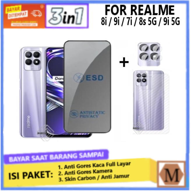 Paket 3in1 Tempered Glass Anti Spy Realme 8i 9i 7i 8s 5G 9i 5G Anti Gores Privacy Full Layar Anti Intip Anti Minyak Anti Pecah