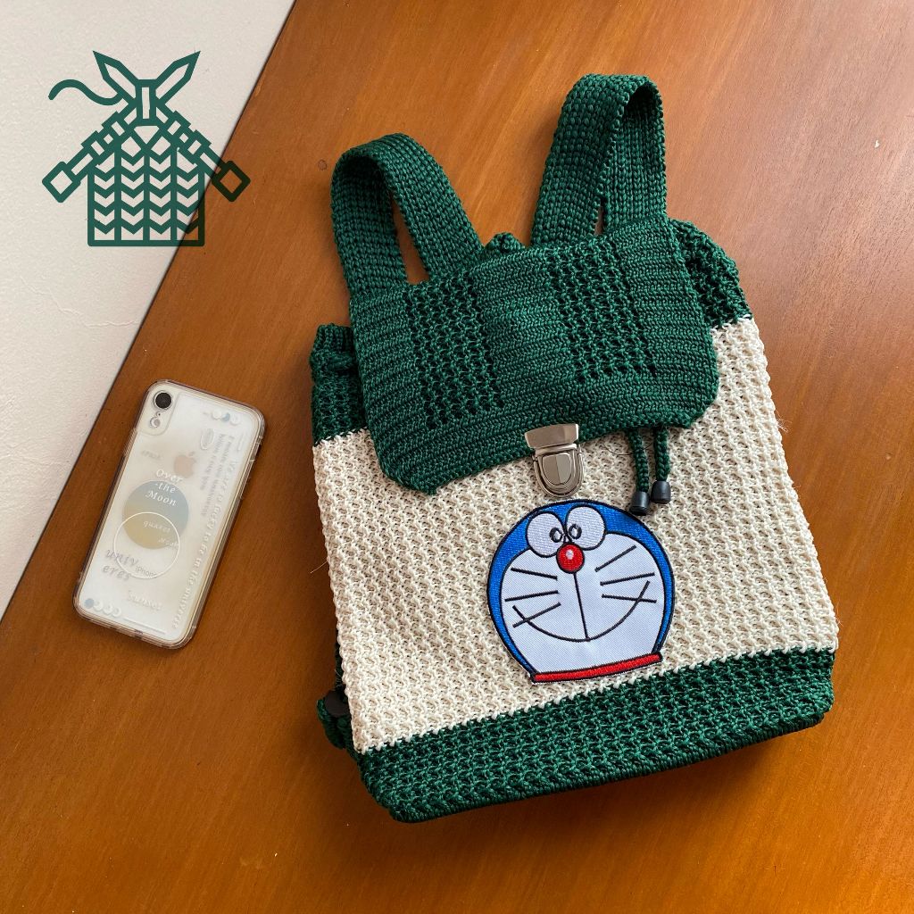Tas gendong rajut karakter doraemon / tas punggung anak doraemon / tas rajutan untuk anak