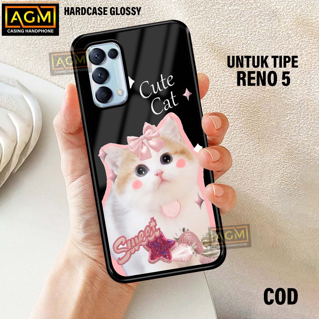 Case Oppo RENO 5 - New Case Glossy casing Hp RENO 5 [Motif CUTE CAT] - AGM Case softcase glass kesin