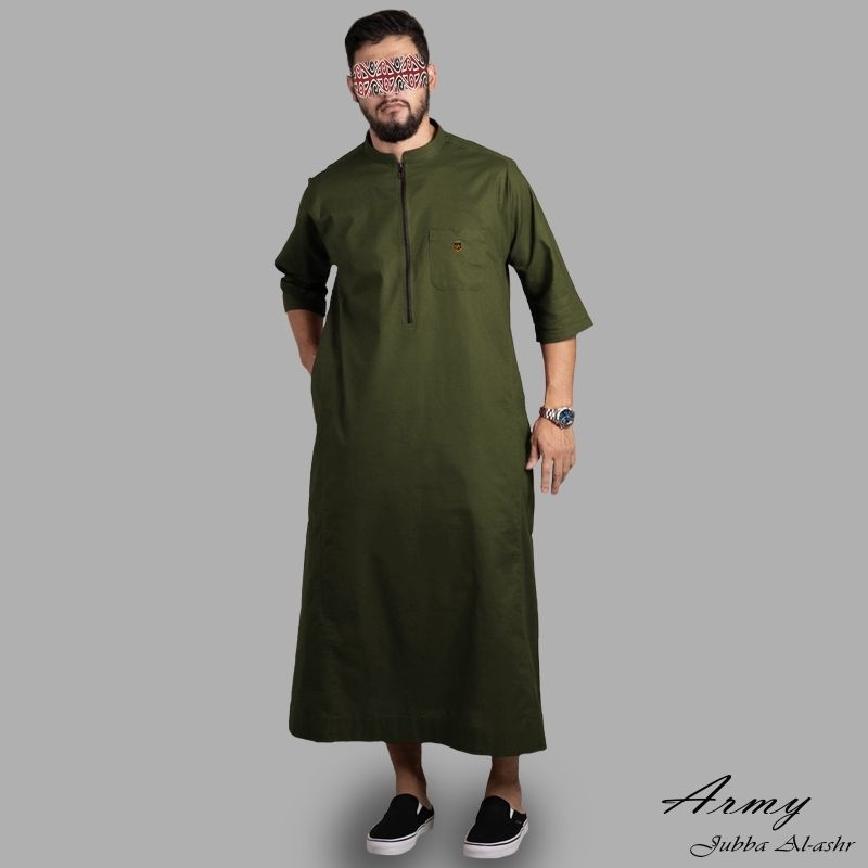 Jubba reguler zipper N9240 Army | jubah arab saudi lengan ¾ baju gamis pria | jubah gamis pria polos