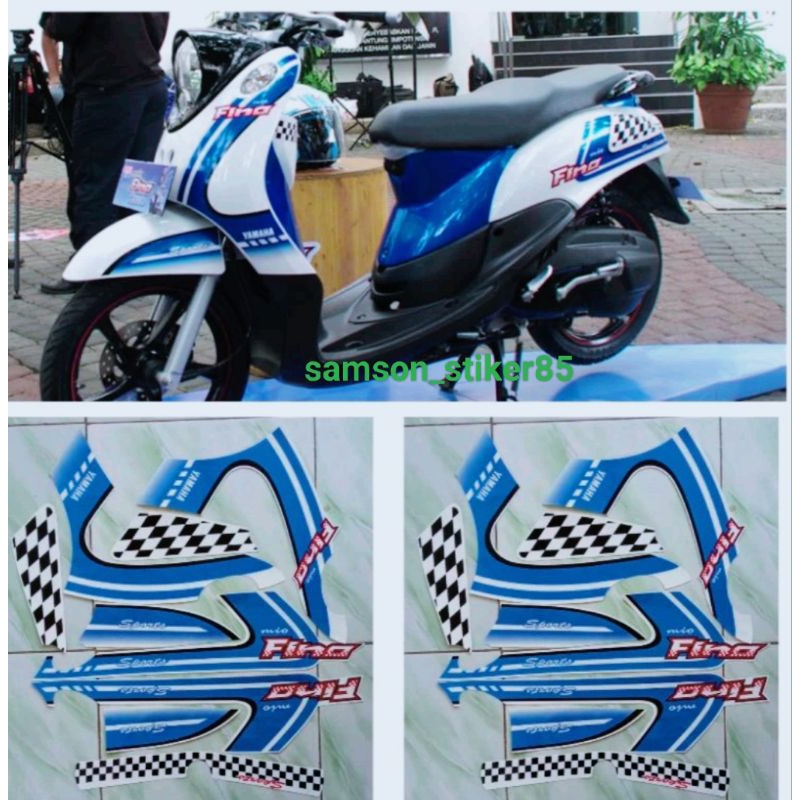 stiker striping motor yamaha fino karbu 2012 putih biru catur lis body berkualitas terbaik