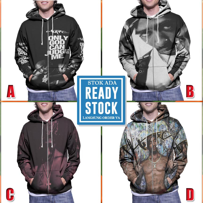 Jaket Fullprint Hoodie 2Pac TuPac Shakur Hoodie Ritsleting Bahan Polyester Jersey [New Zipper Hoodie