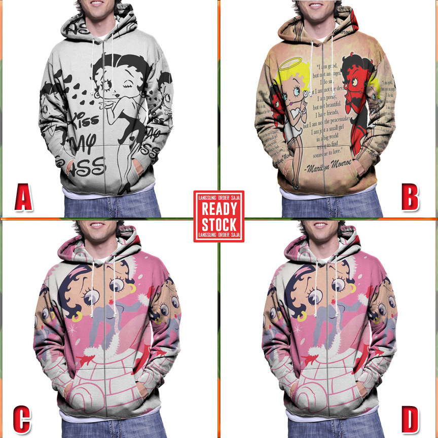 Jaket Fullprint Hoodie Betty Boop Hoodie Ritsleting Bahan Polyester Jersey [New Zipper Hoodie Full P