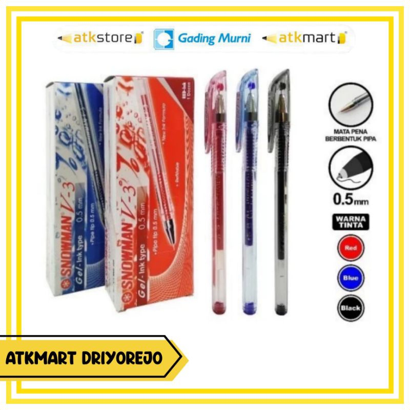 

(1 PCS) SNOWMAN BALLPOINT GEL V-3 HITAM, BIRU, MERAH - BULPEN 0.5mm TINTA ANTI LUNTUR