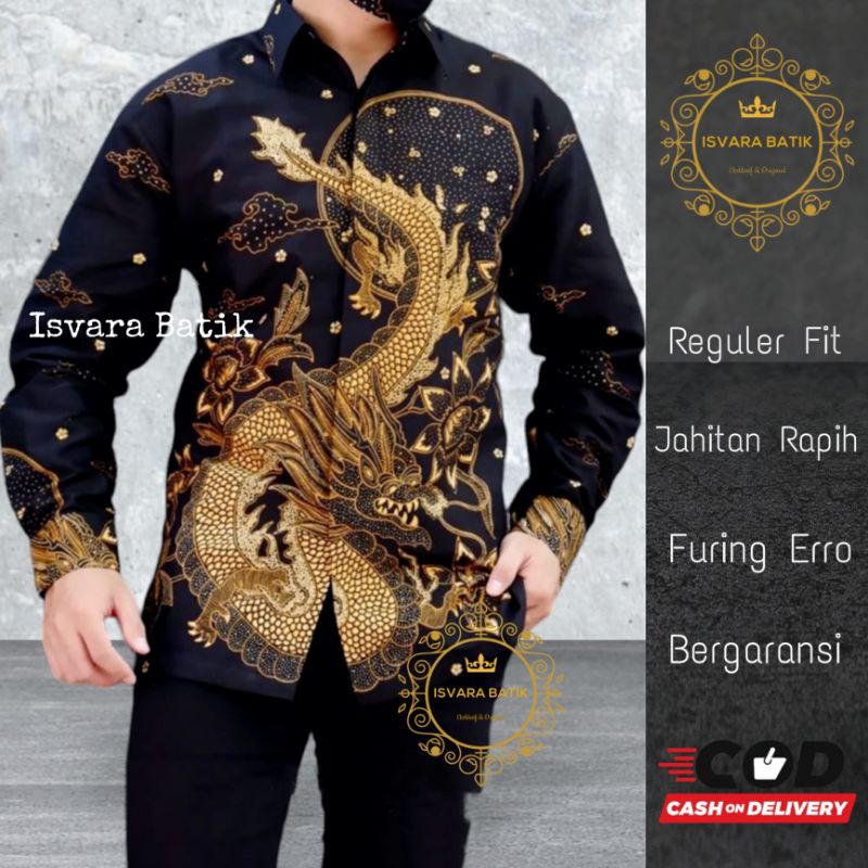 NAGA EMAS Kemeja batik motif naga lengan panjang baju batik naga pria terbaru atasan batik cowok mot