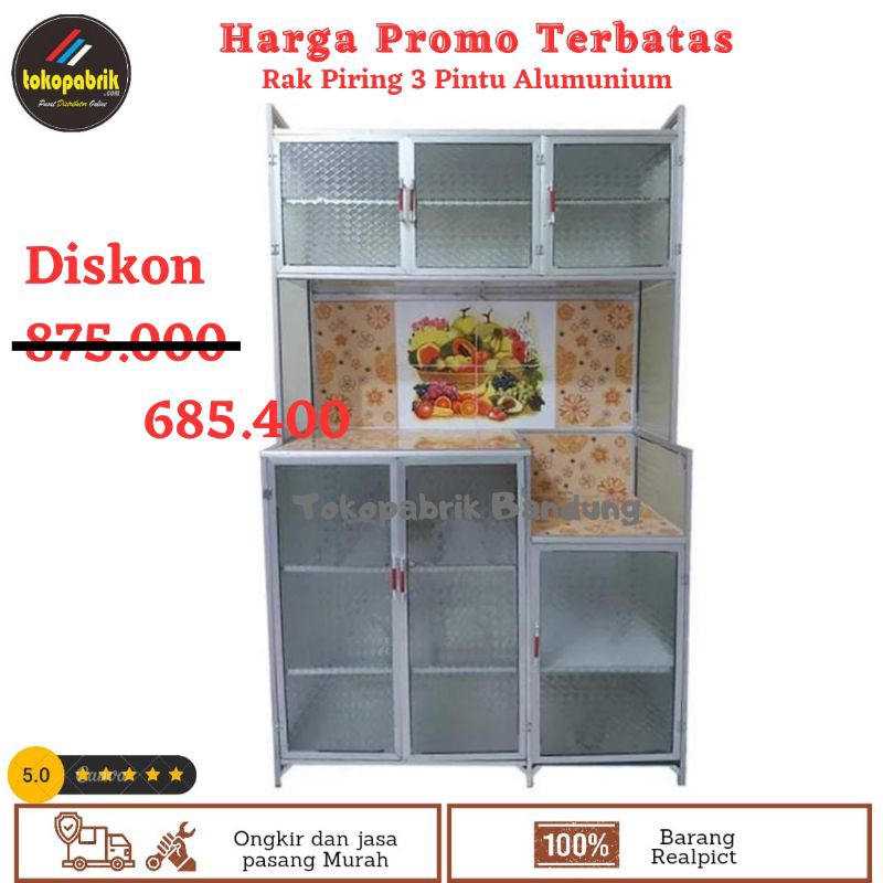 Rak Piring 3 Pintu Kaca Keramik / Rak Alumunium Minimalis / Lemari Piring Murah Bandung Cimahi Suban