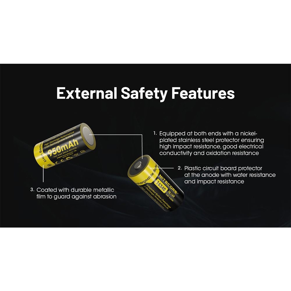 NITECORE Battery RCR123A CR123A - 16340 - Rechargeable 950mAh - NL169