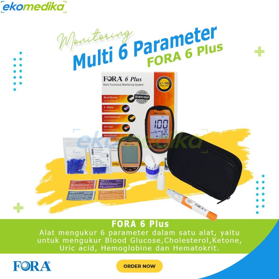 Alat Cek Gula Darah / Hb / Hematokrit / Keton / Kolesterol / Asam urat FORA Plus 6in1