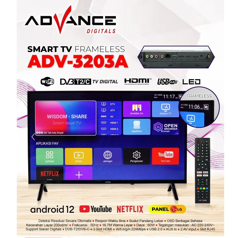[FREE PACKING KAYU] ADVANCE LED TV 32 INCH ADV 3203 A SMART TV FRAME LESS /Televisi Digital Panel LG