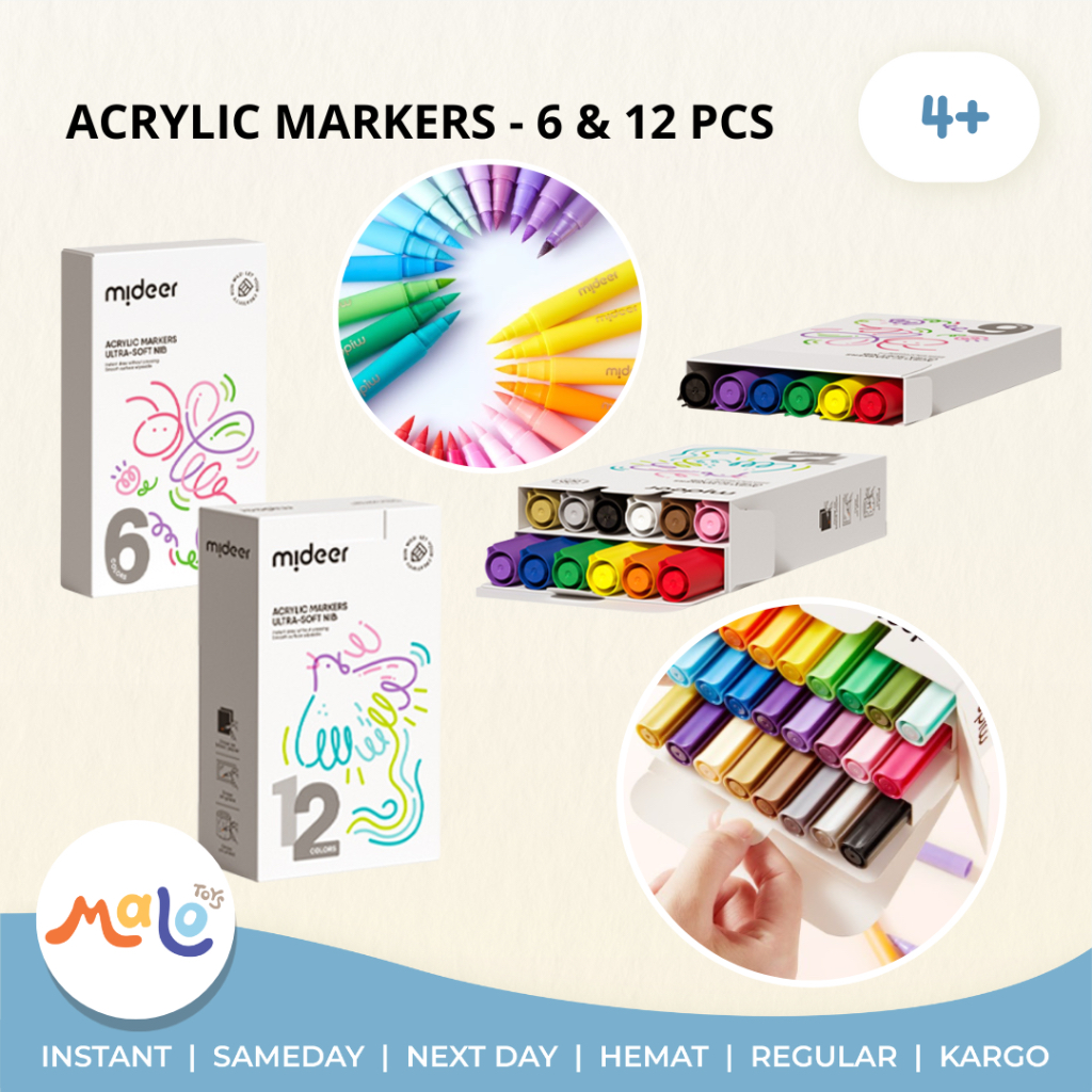 

MALOTOYS - Mideer Acrylic Marker Spidol Akrilik Lembut Ultra Soft Nib 6 12 pcs Warna Colors Spidol Mewarnai Menggambar Kesenian Nontoxic Mainan Anak Prakarya Color Malo Toys