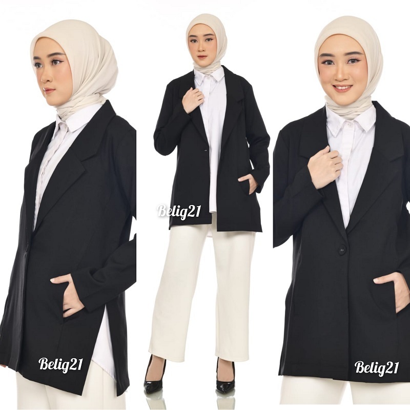 Jas Blazer Kerja Formal Kantor Hitam Wanita Bodi Panjang Muslim Hijab Lengan Panjang Bahan Premium H