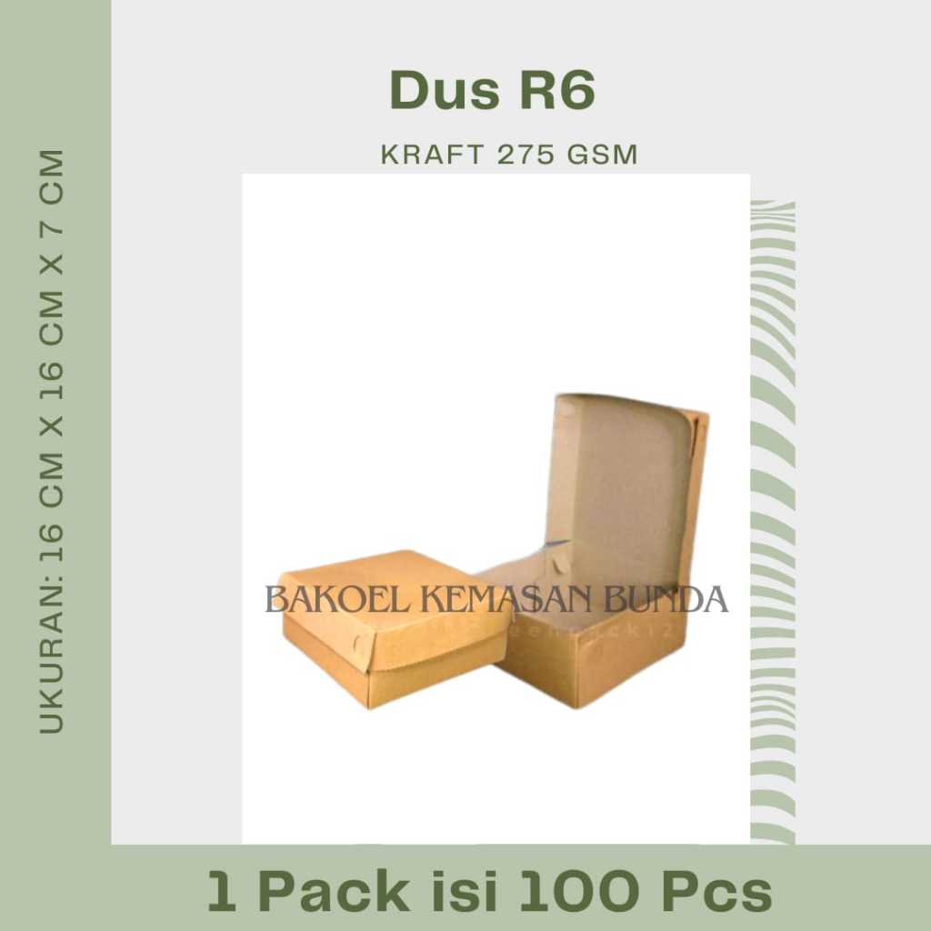 

Dus R6 (16 cm x 16 cm x 7 cm) Kraft 275 gsm | Kardus | Dus Snack dan Nasi