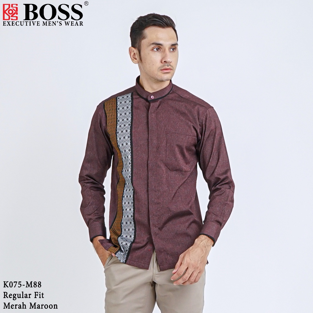 BOSS Kemeja Koko Pria Lengan Panjang Slim Fit K075 Merah Maroon