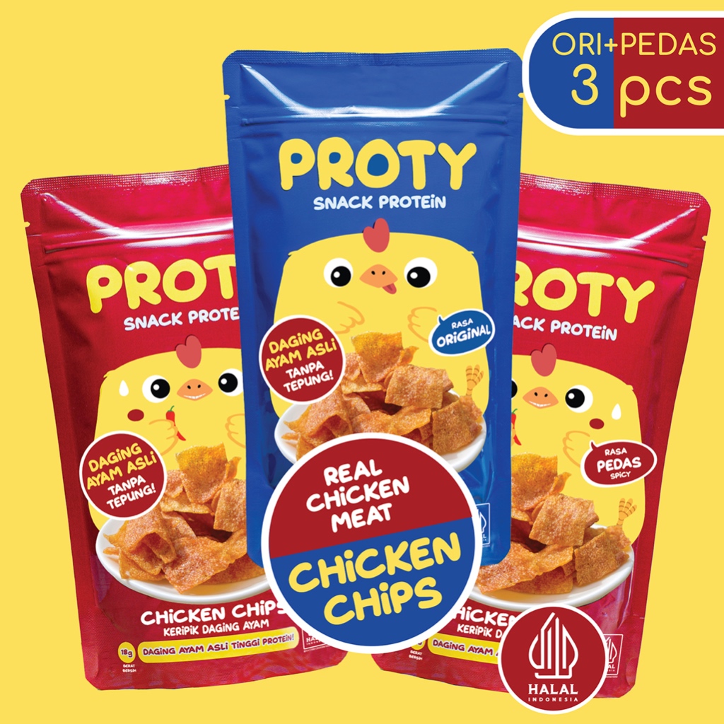 

PROTY Chicken Chips Ori(1 pcs)+Pedas(2 pcs) Snack Cemilan Berprotein Tinggi - Keripik Daging Ayam