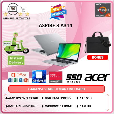 Laptop Acer Aspire 3 A314 Ryzen 5 7520U 8Gb 1Tbssd 14.0 Hd