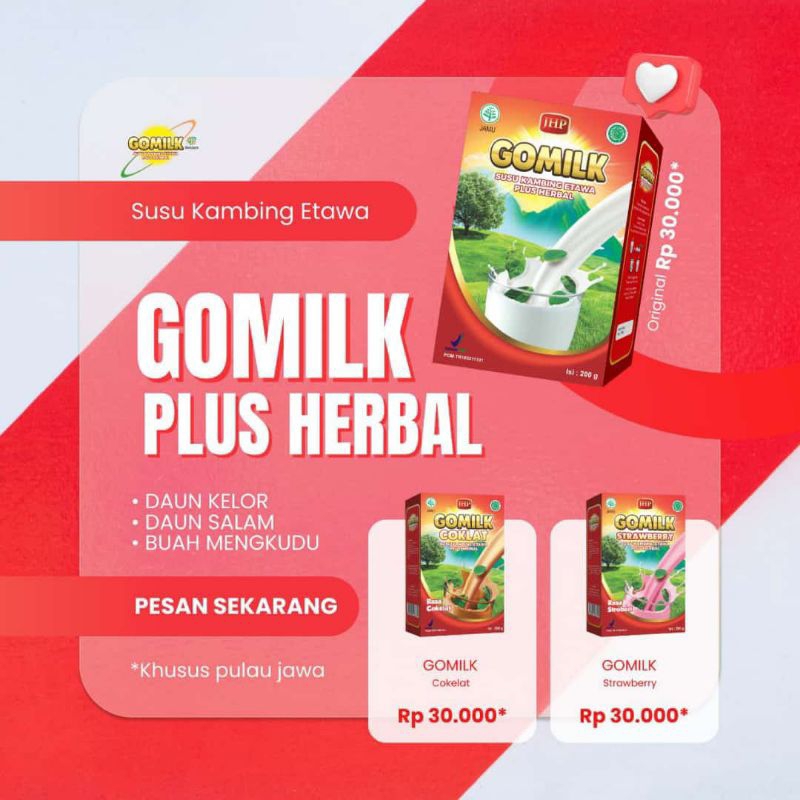 

GOMILK SUSU KAMBING ETAWA PLUS HERBAL, RASA COKLAT, VANILLA, STRAWBERRY