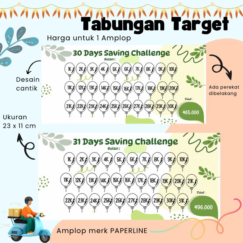 

Amplop tantangan menabung ukuran besar 30 & 31 hari (harga per satu amplop)