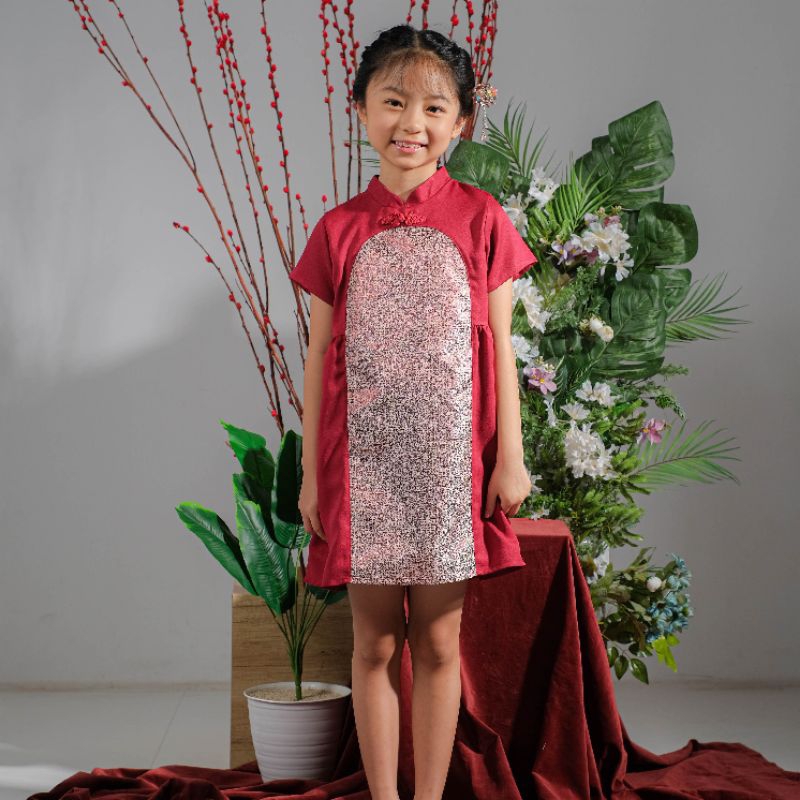 Little Glam Garnet Dress Imlek Anak Perempuan Usia 3  -  13 Tahun Dark Red| Gaun Elegan Imlek Cewek