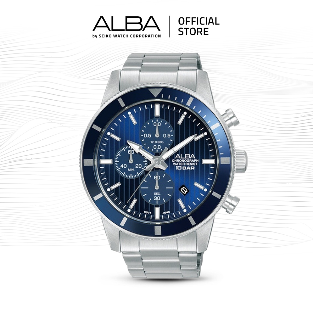 Alba Active Jam Tangan Pria Chronograph AM3955 / AM3955X1 Quartz Blue Dial Stainless Steel Strap Wat