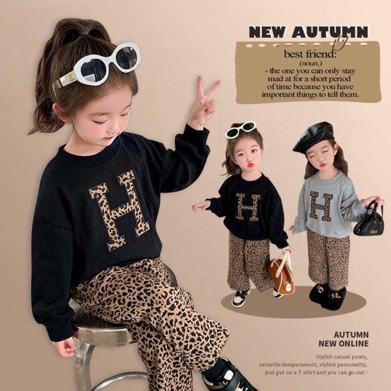 2-8Tahun Setelan H sweater kulot leopard baju panjang anak perempuan hitam abu