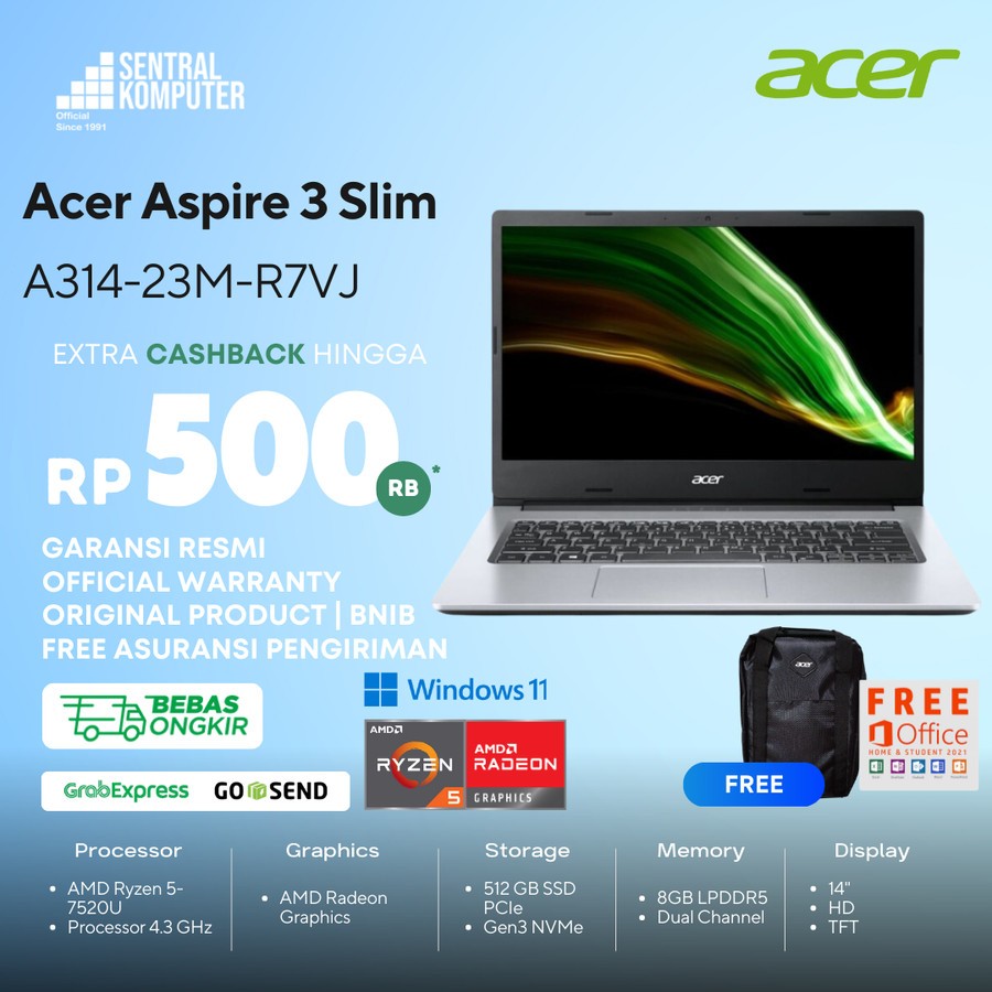 Acer Aspire 3 Slim A314-23M Ryzen 5-7520U 8GB 512GB SSD Win & OHS