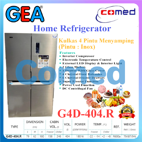 Kulkas GEA G4D 404.R Lemari Es Side By Side G4D-404 4 Pintu Hitam (Black Glass) Pintu Silver (Inox)/