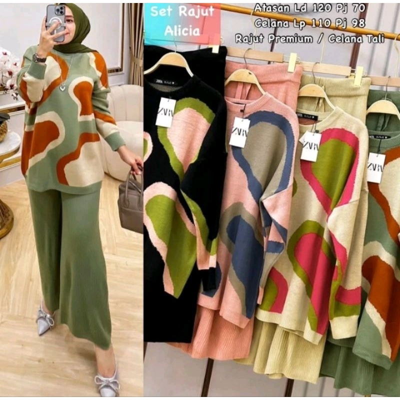 Alicia ZARRRA-Set Rajut Alicia Import Premium-Setelan Celana Kulot Rajut Knit Oversize Jumbo Terbaru