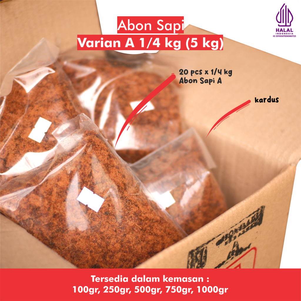 

GROSIR 5KG Cahaya Abadi Abon Sapi "A PACK 1/4 KG X 20 PCS