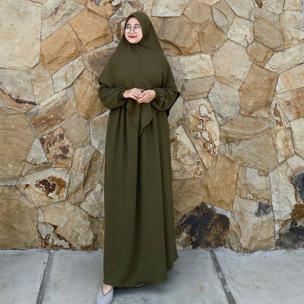 Gamis Set Hijab Luna Syari Bahan Crinkle Airflow - Gamis Elegan Simple