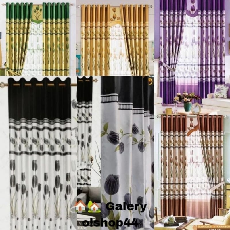 Gorden Blackout import original tebal bunga tulip ungu hijau abu coklat