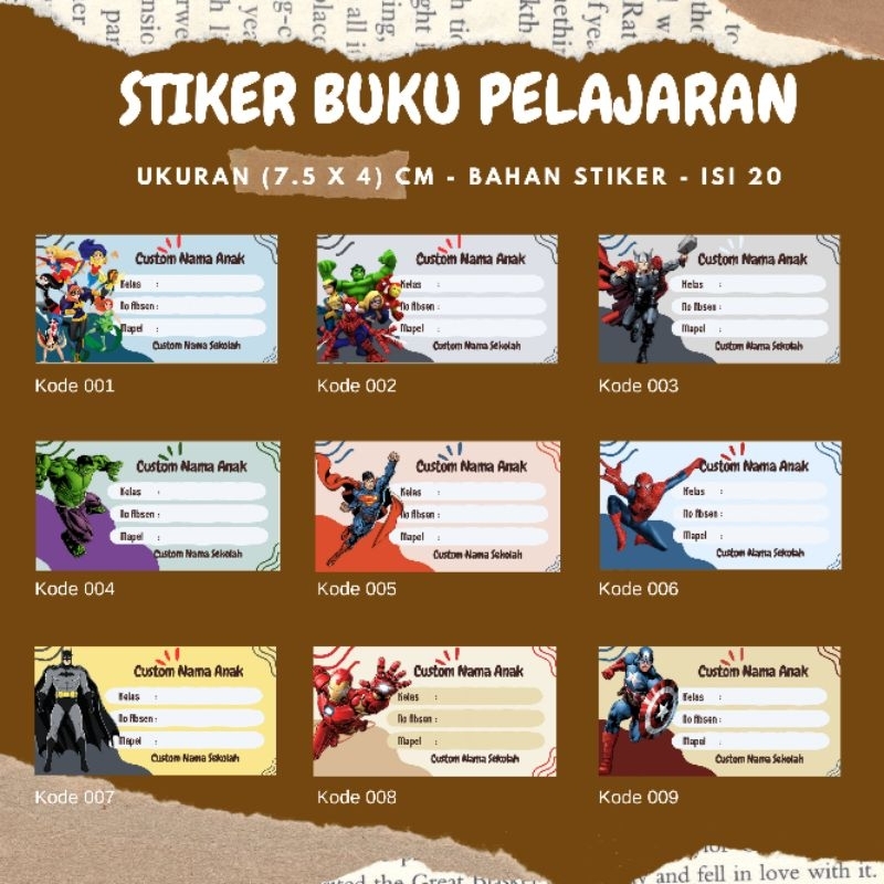 

super hero custom nama - stiker label nama buku pelajaran anak sekolah - isi 40 pcs