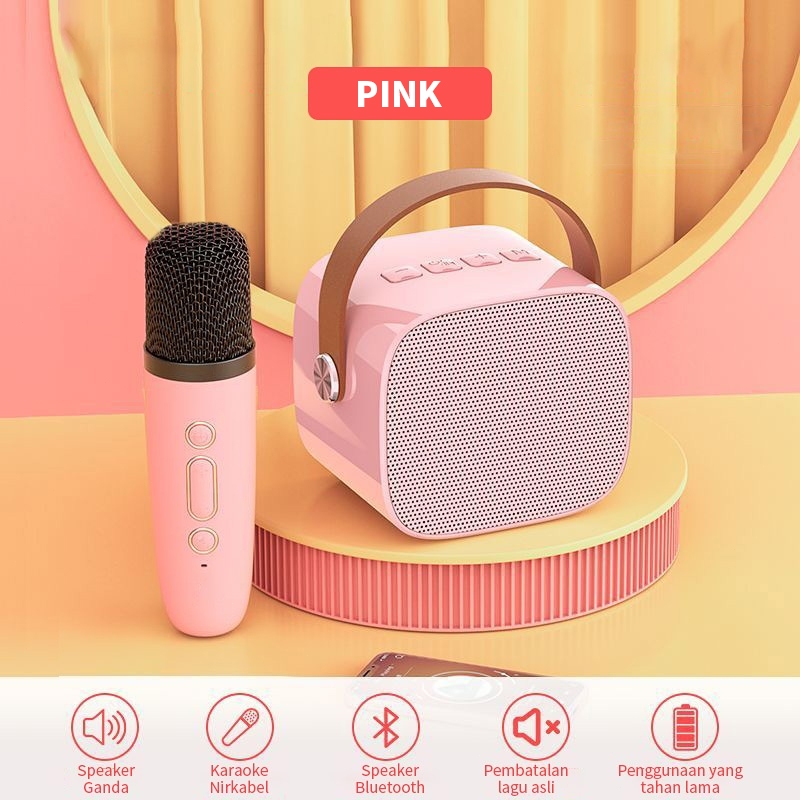 (COD)♫[Speaker mini bluetooth]♪ mini Karaoke Bass K1 Microphone Premium set lengkap speaker bluetooth mic wireless Dapat terhubung ke keponsel komputer-Merah jambu/1 mic