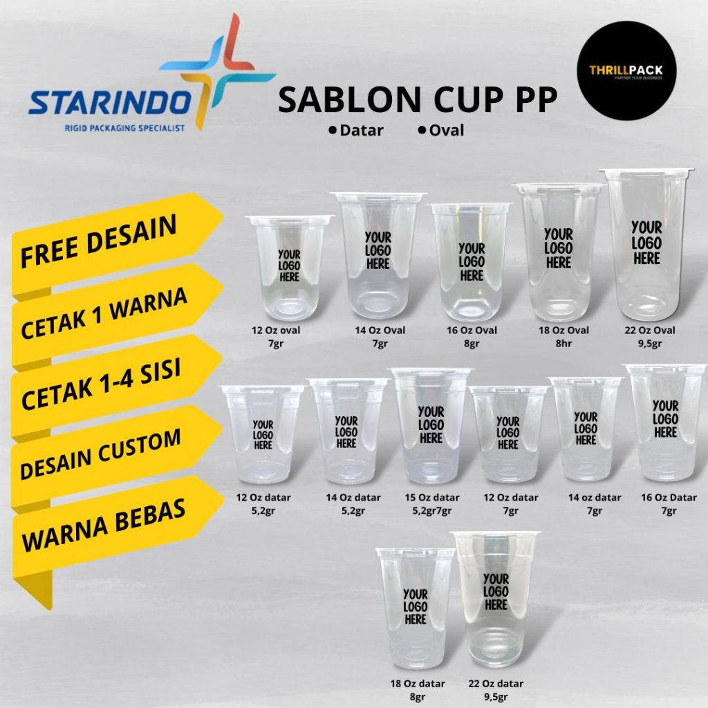 Sablon Cup / Gelas Plastik Merk STARINDO Custom Desain All Size Termurah & Terlengkap - Sablon Gelas