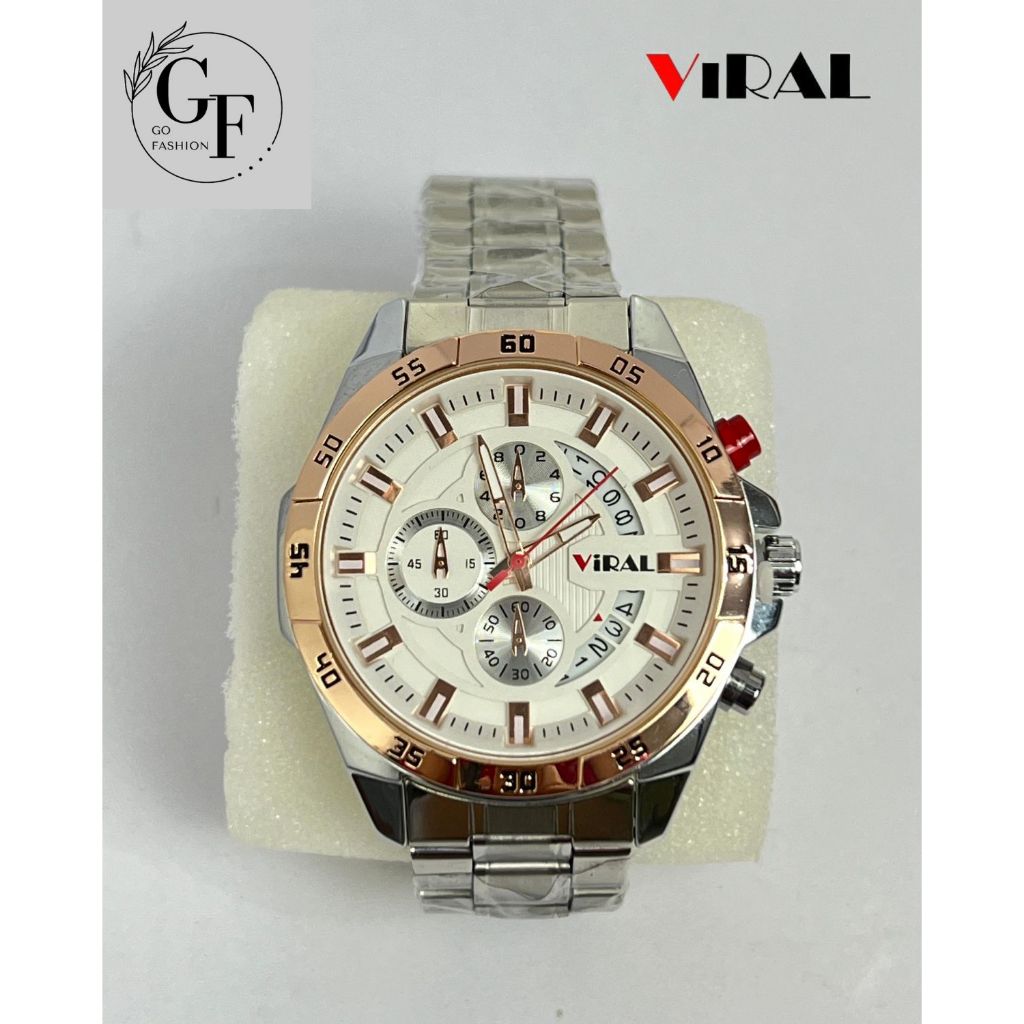 Jam Tangan PRIA Merk VIRAL Original Gold Stainless Steel Chronography Style