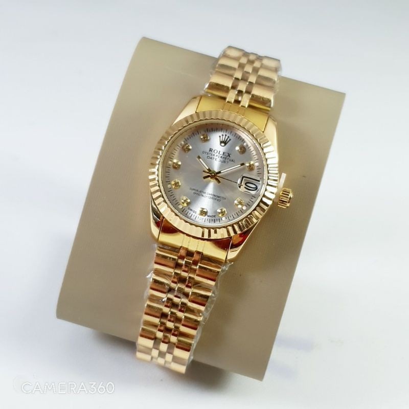 ( BISA COD ) Jam Tangan Wanita Rolex Original 31052 Tali Rantai Motif Gerigi Tanggal Aktif ( UKURAN 