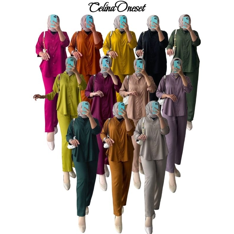 BISA COD AZKIYAHIJAB29 CELINA ONESET/ ONE SET KEMEJA TANGAN 7/8 / SETELAN BAJU WANITA POLOS JUMBO BU