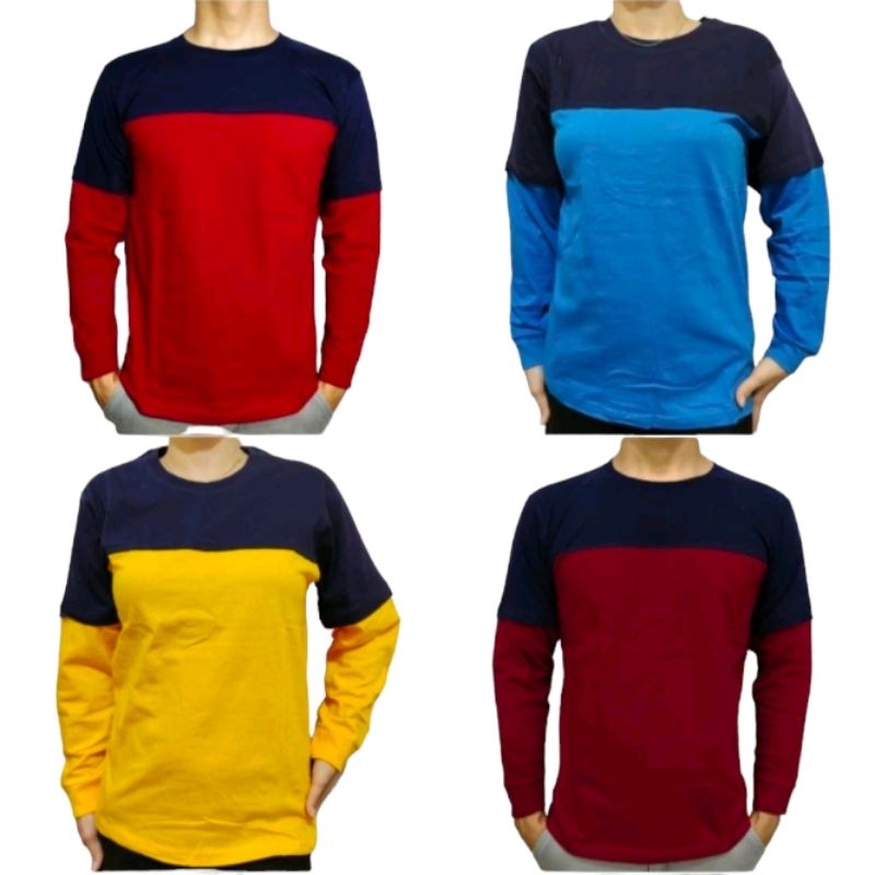 Kaos Polos Kombinasi Longskate Pria Wanita Lengan sambung Panjang rib size M L XL XXL