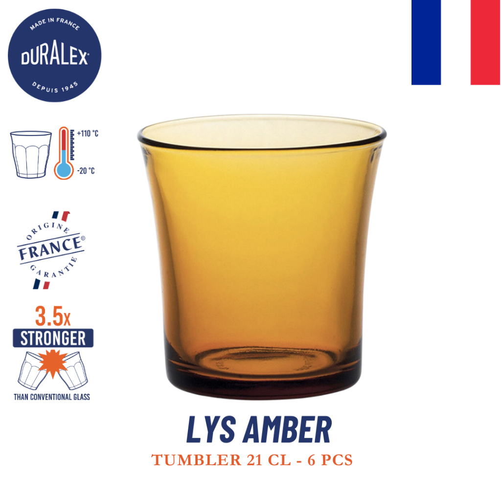 Duralex Lys Amber Tumbler 210 ml (Set Isi 6 pcs) - Gelas Minum Jus Kopi Minimalis Tahan Panas - Temp