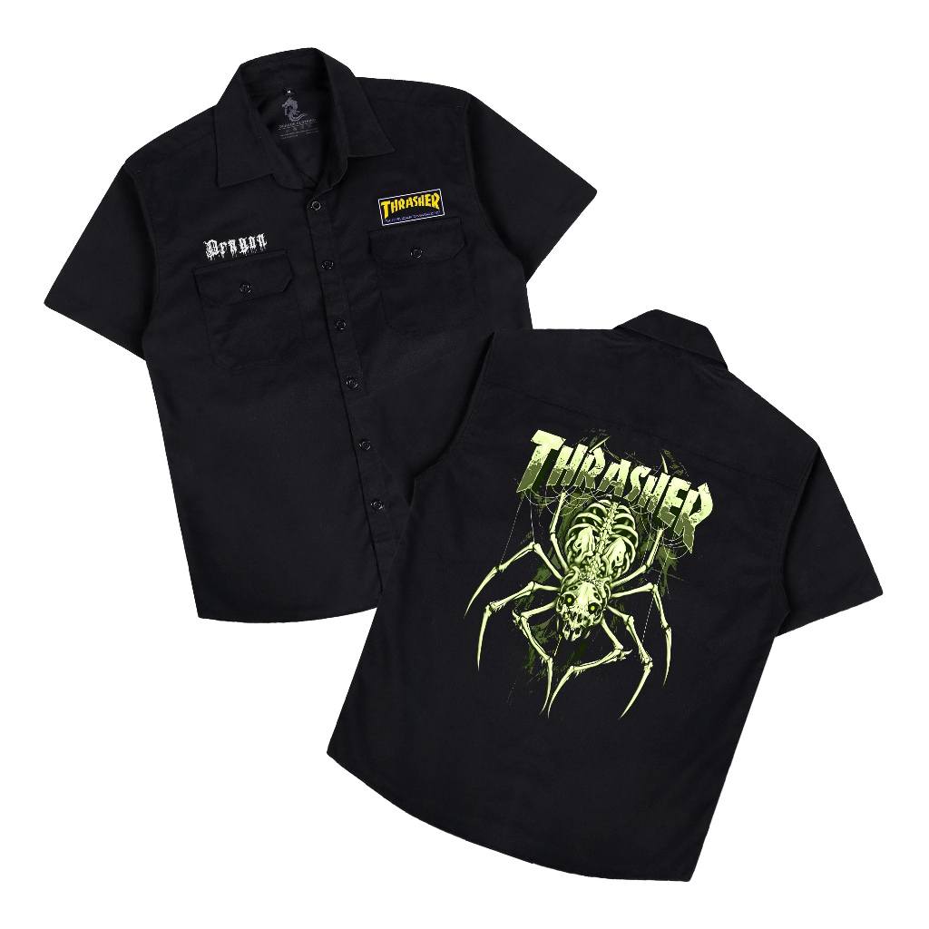 Baju Kemeja Work Shirt Pria THRASHER SPIDER Kancing Kantong Hitam / Dragon Clothing