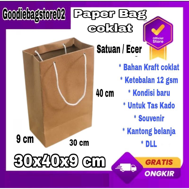 

Grosir/Ecer Paper Bag Polos Coklat 30x40x9 cm