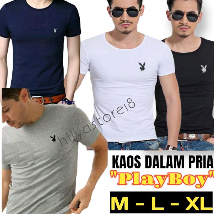 ART L3L Baju Kaos Dalam Pria Oblong Singlet TShirt Playboy Body Fit Bahan Katun Putih Hitam abu abu 