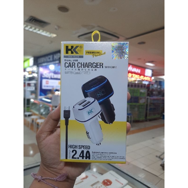 SAVER CAR CHARGER MOBIL HK K09 2USB 2.4A LED FREE KABEL MICRO