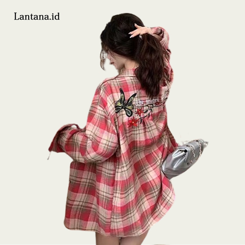 Jaket kemeja wanita / kemeja kotak-kotak bordir kupu-kupu retro Korea / kemeja gaya wanita terbaru