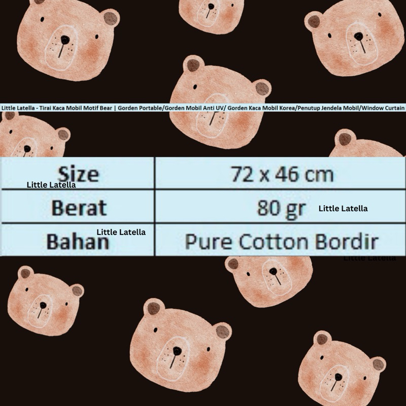 Little Latella - Tirai Kaca Mobil Motif Bear Gorden Portable/Gorden Mobil Anti Uv/ Gorden Kaca Mobil