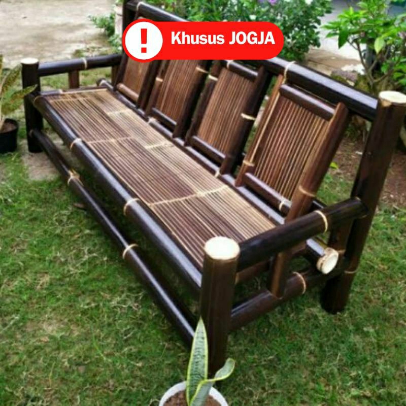 KURSI BAMBU PANJANG SANDARAN 4 LINCAK BAMBU HITAM KURSI TERAS