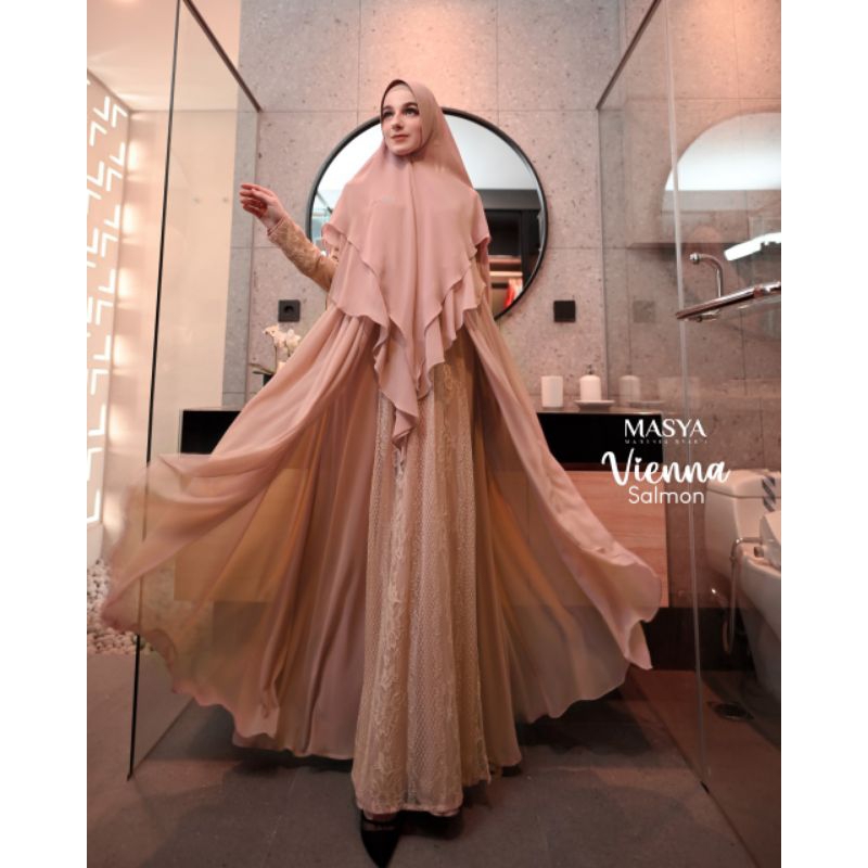 Set Gamis Dress Ceruty Babydoll Brukat Brokat Chantily Premium Syari Branded  Salmon - Mewah Masya S